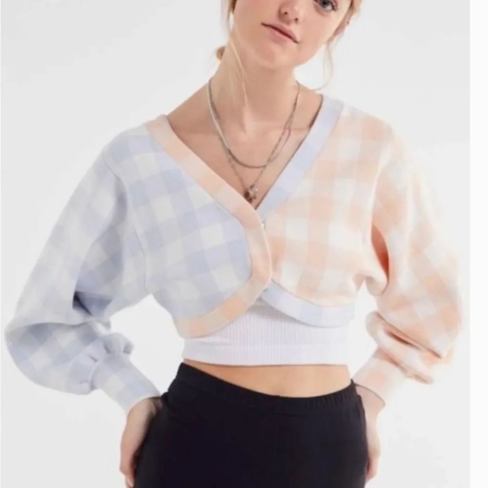Urban Outfitters Y2K cropped two tones plaid ballroom sleeves cardigan sweater M